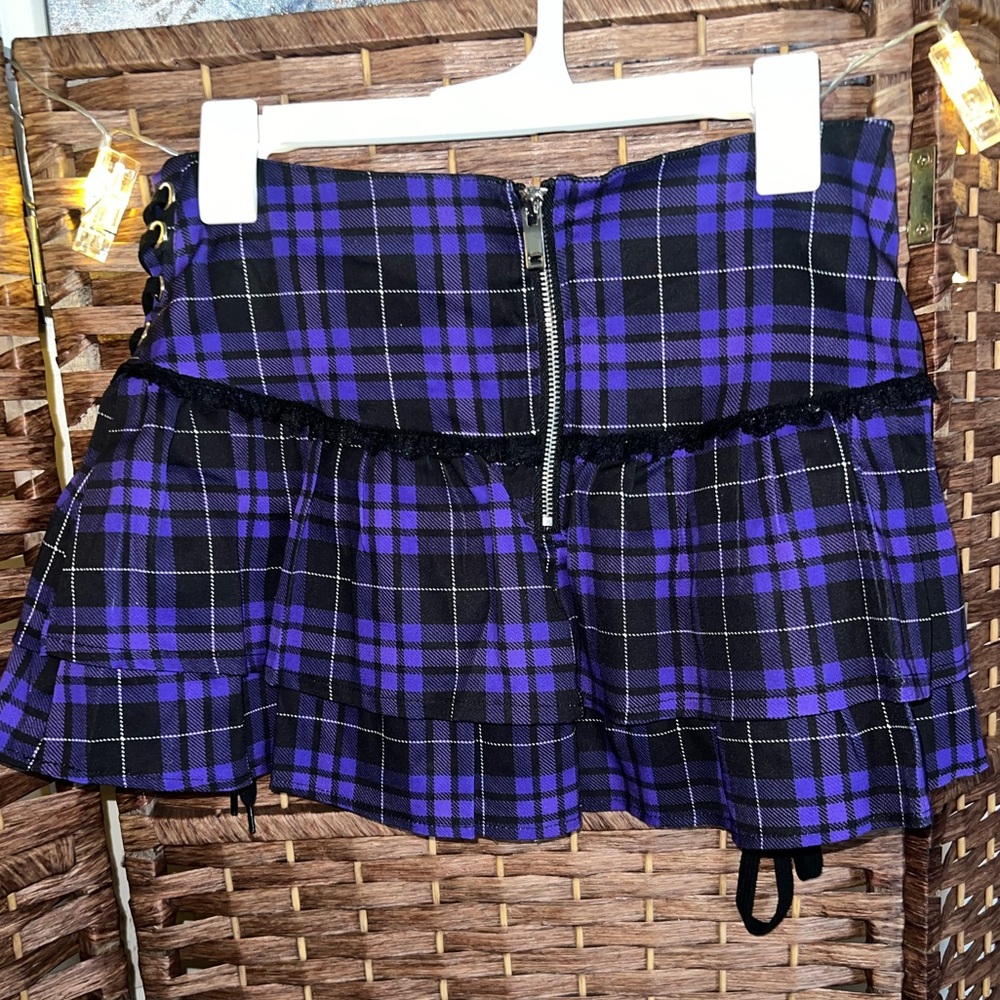 Dolls Kill x Widow Purple Plaid Mini Skirt with Lace-Up Detail - Picture 2 of 3